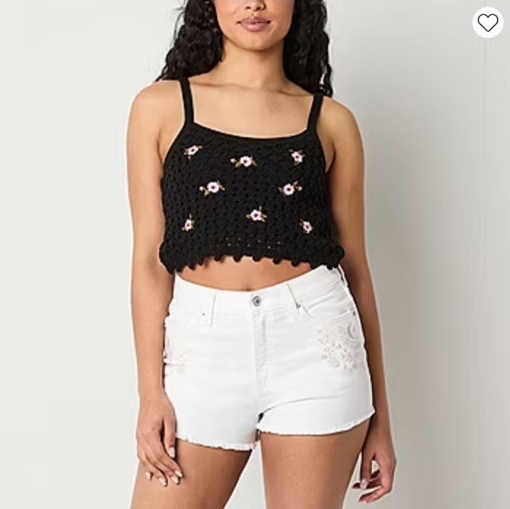 ARIZONA JEAN CO Black And Floral Crochet Cropped Tank Top (M) - Picture 3 of 5